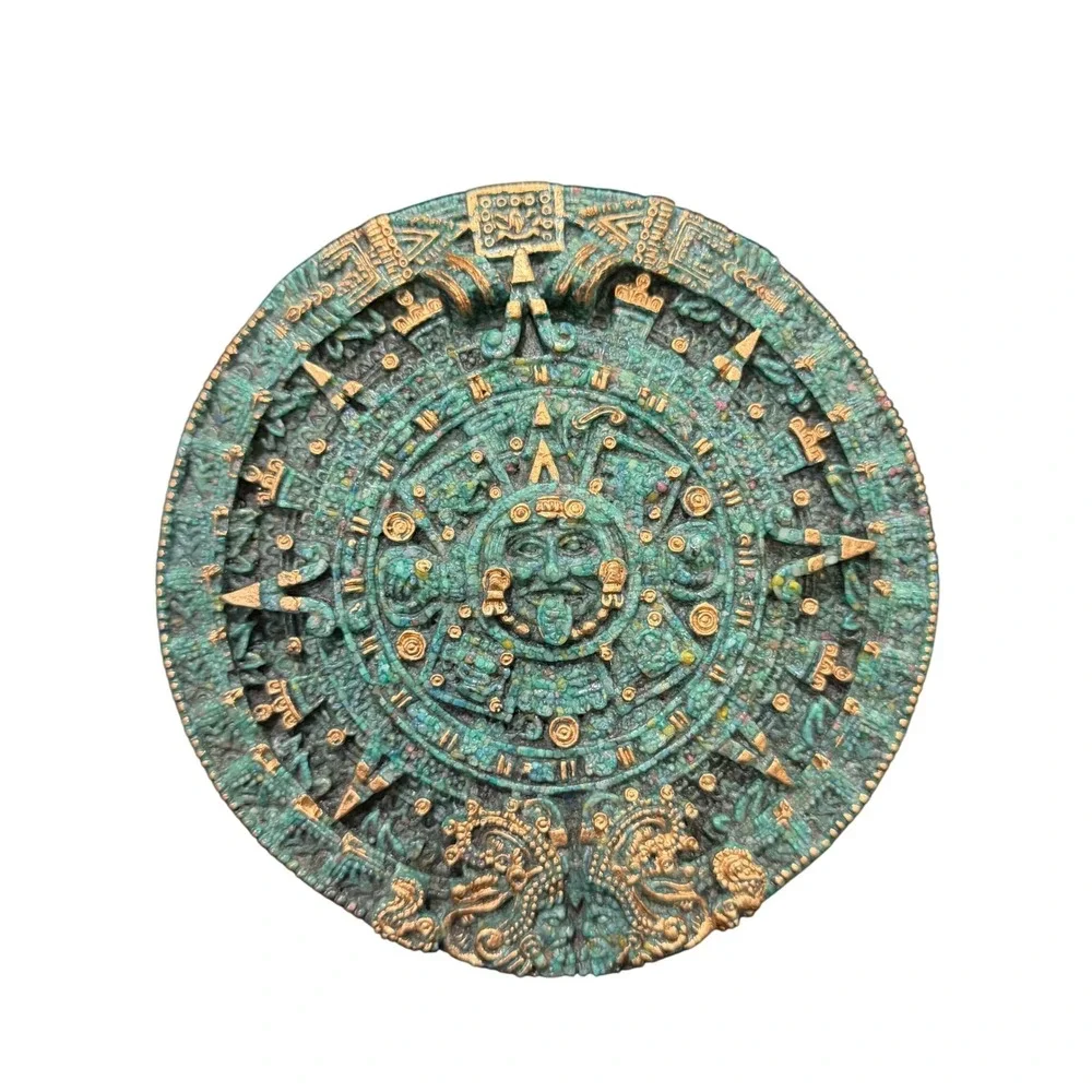 Aztec Sun Stone Wall Plaque Large Green Gold  Calendar Wall
